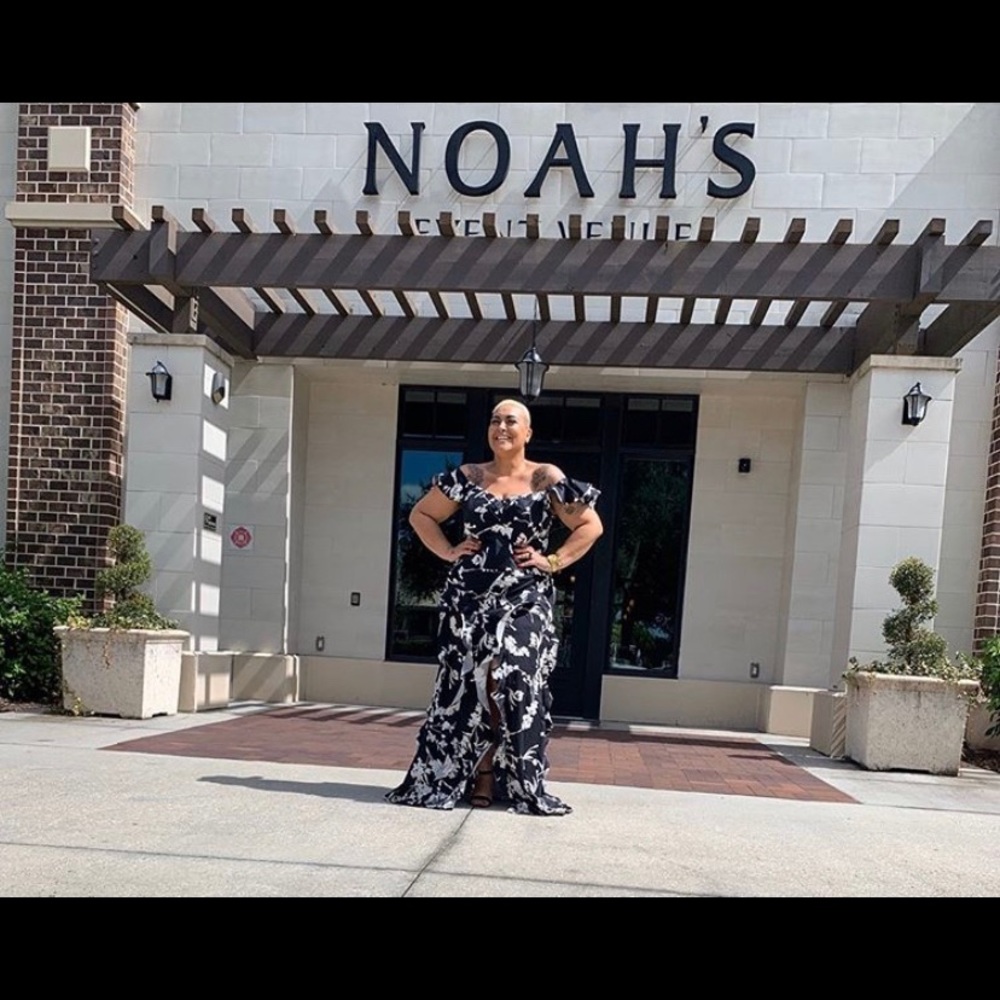 Blk and white floral off the shoulder dress.